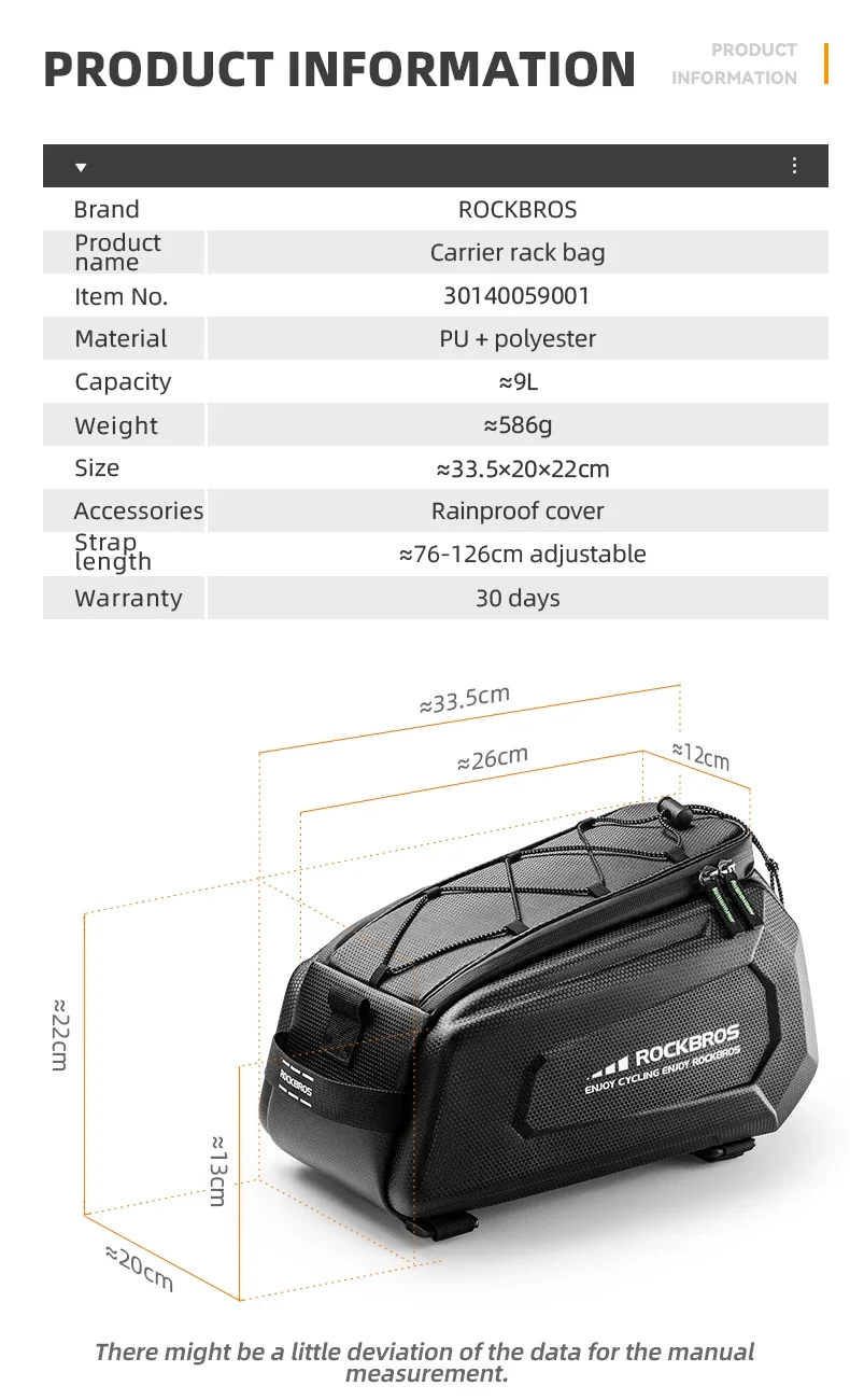 ROCKBROS Bicycle Rear Seat Bag Waterproof 9L Large Capacity Trunk Cycling Seat Tail Rear Pouch Bag Bike Rack Trunk Cargo Bag