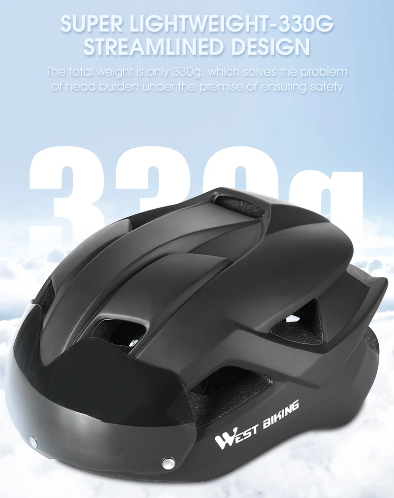 WEST BIKING Ultralight Bike Helmet With Taillight Goggle Men Women Integrated Cycling Safety Hat MTB Road Bike Motorcycle Helmet