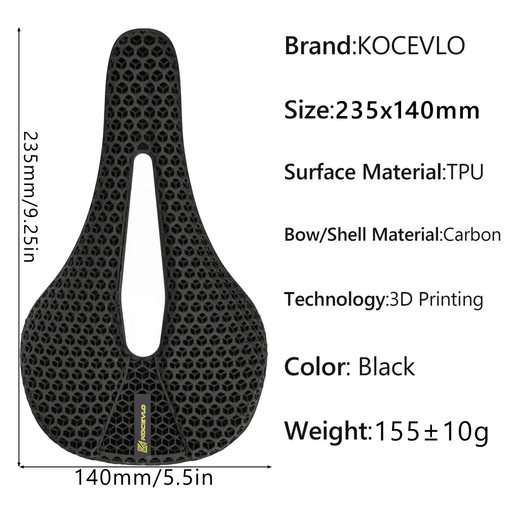 KOCEVLO 3D Printed Carbon Bicycle Saddle for XC Road Gravel MTB Off-Road Bike Cycling Parts 235x140MM