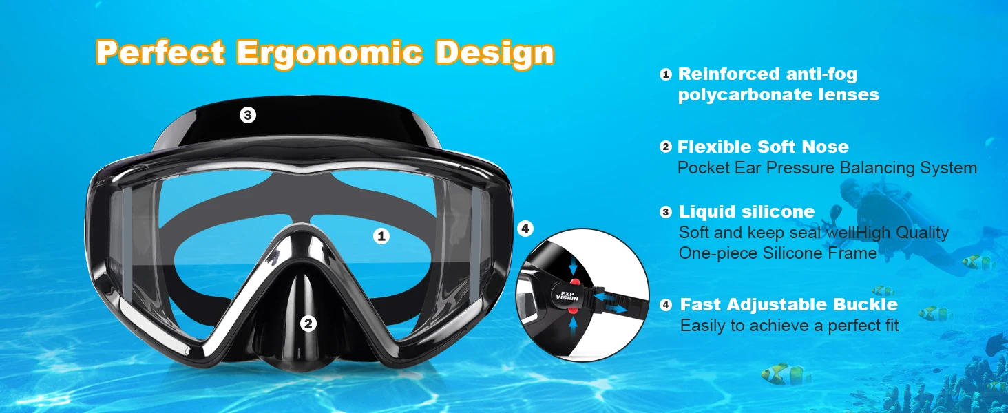 Snorkel Set Adult Professional Snorkeling Goggles Anti-Fog Diving Mask with Dry Top Snorkel, Pano 3 Windows Snorkel Diving Mask