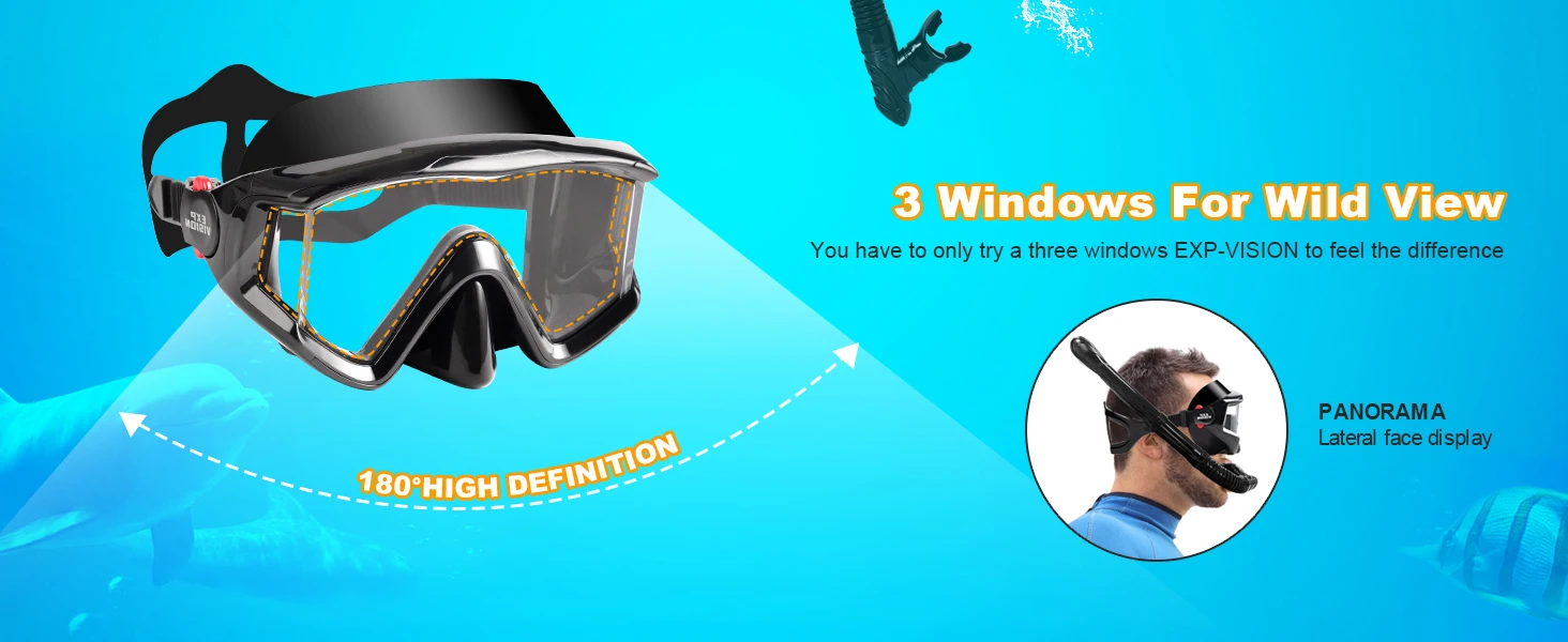 Snorkel Set Adult Professional Snorkeling Goggles Anti-Fog Diving Mask with Dry Top Snorkel, Pano 3 Windows Snorkel Diving Mask
