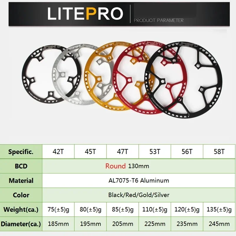 Litepro 130BCD Bicycle Crankset Aluminum Alloy Folding Bike Crankset 45T 47T 53T 56T 58T 130 BCD Road Bike Crank Set
