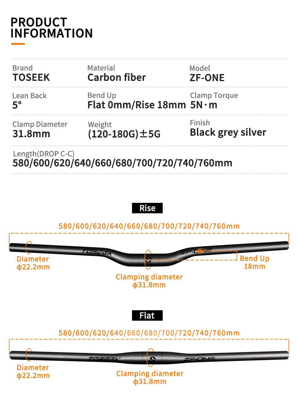 TOSEEK ZF-ONE Bicycle Handlebar 31.8mm Carbon Handlebars MTB Bike Handle Bar Parts 580/600/620/640/660/680/700/720/740/760mm