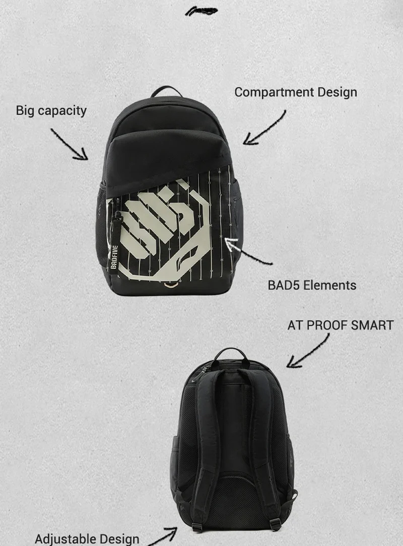 Li-Ning Unisex BADFIVE Basketball Bag 310*150*480mm Capacity 22L Adjustable Strap LiNing Men Women Bags ABSV001