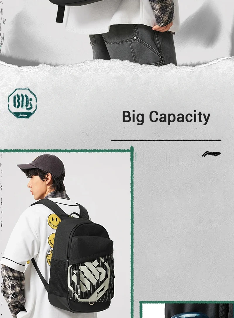 Li-Ning Unisex BADFIVE Basketball Bag 310*150*480mm Capacity 22L Adjustable Strap LiNing Men Women Bags ABSV001