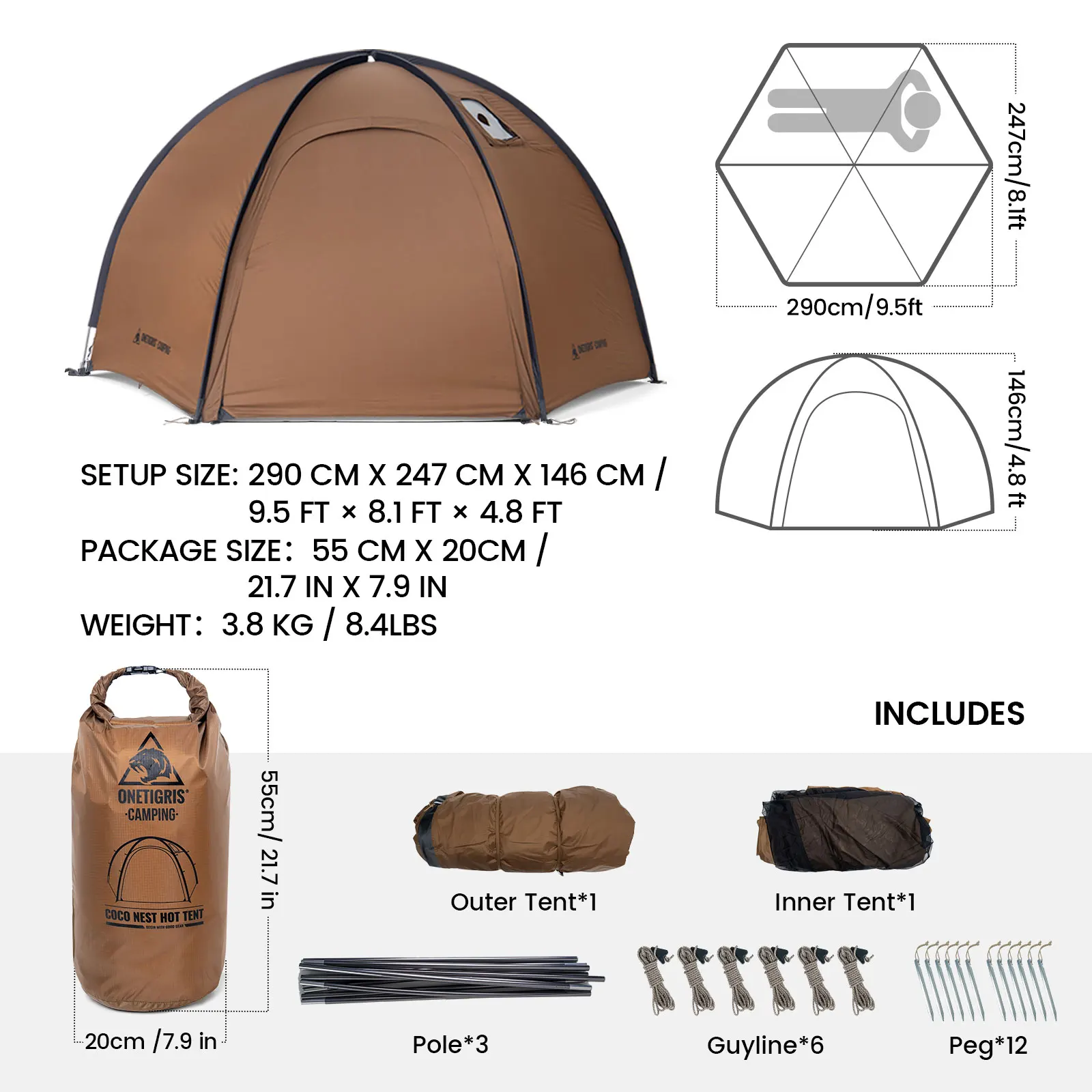 OneTigris Coco Nest Solo Dome Tent with Stove Jack 3000mm Waterproof Camping Hot Tent with Mesh Inner for Bushcraft Glamping