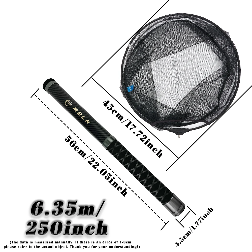 MBLN Brand,Telescopic Carbon Landing Net – 6.35m, Foldable 45cm Head, 58cm Closed, Compact for Rock & Boat Fishing