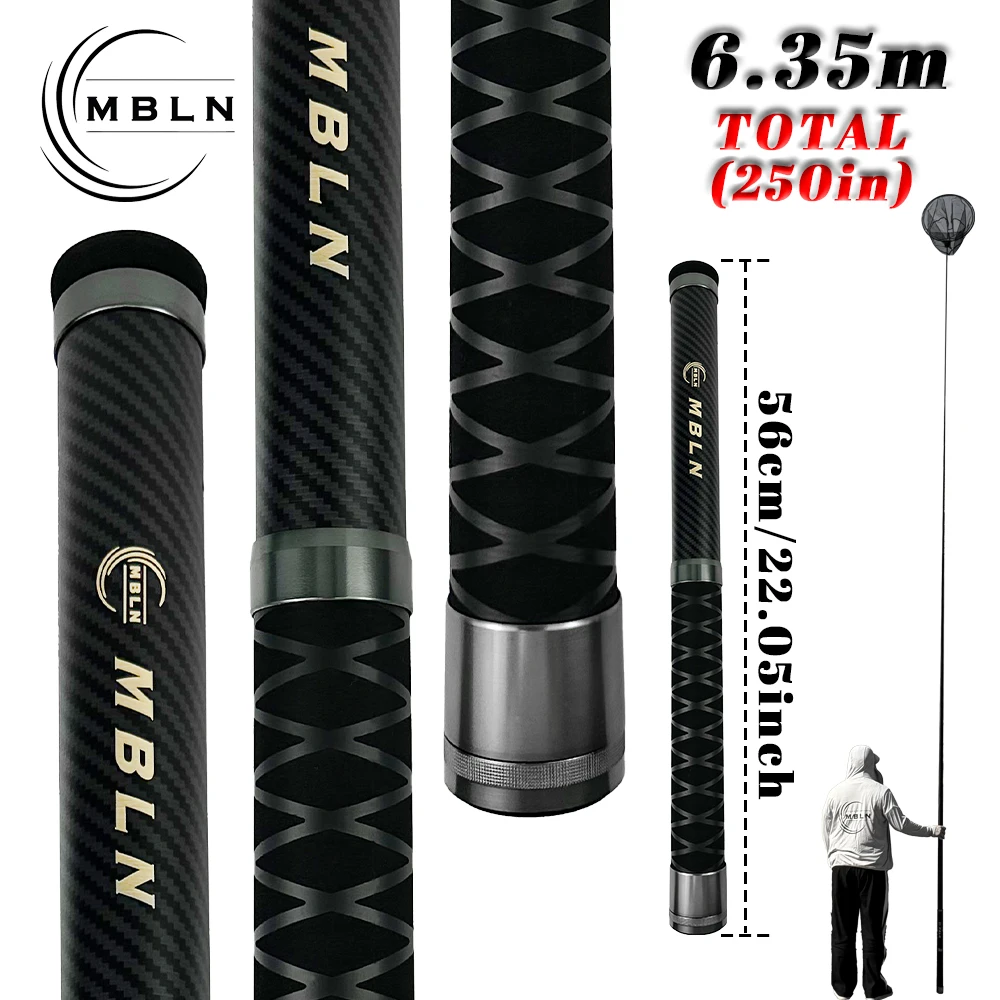 MBLN Brand,Telescopic Carbon Landing Net – 6.35m, Foldable 45cm Head, 58cm Closed, Compact for Rock & Boat Fishing