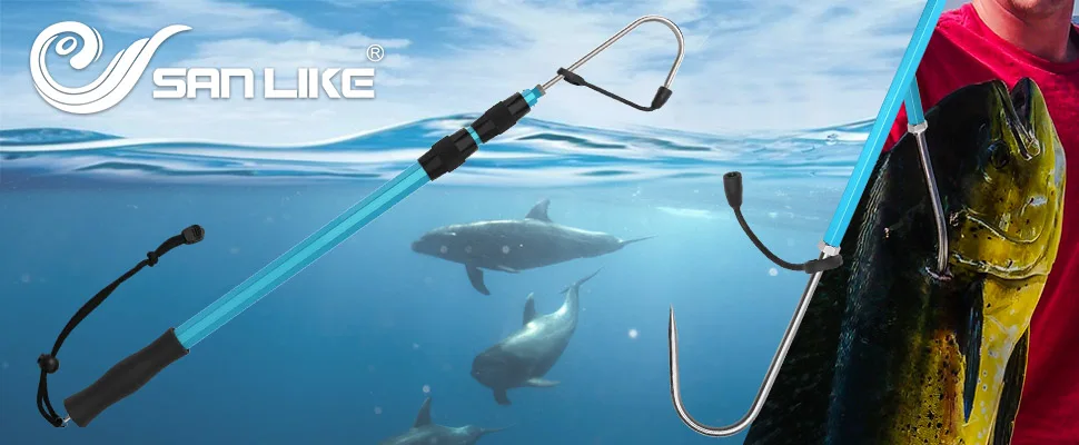SANLIKE 2m Aluminium Telescopic Pole Stainless Steel Spear Hook Non-slip Rubber Grip with Safety Rope Fishing Tools Accessories