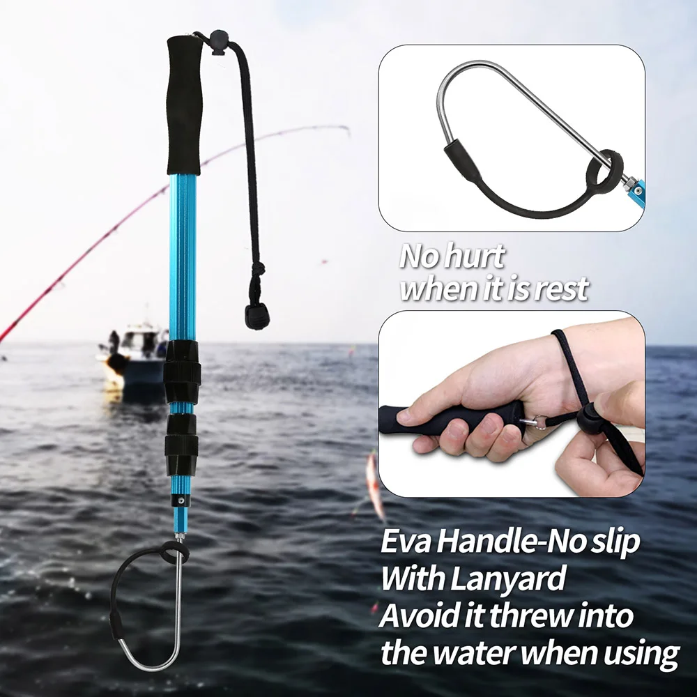 SANLIKE 2m Aluminium Telescopic Pole Stainless Steel Spear Hook Non-slip Rubber Grip with Safety Rope Fishing Tools Accessories