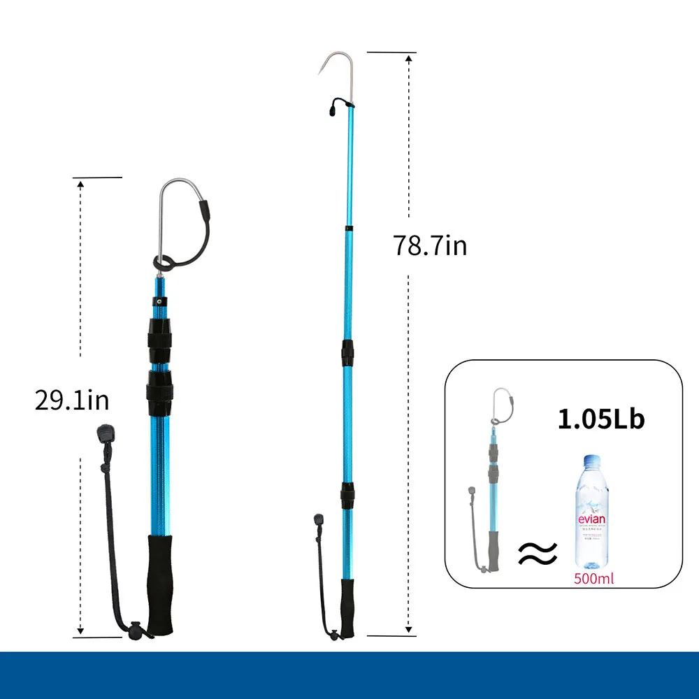 SANLIKE 2m Aluminium Telescopic Pole Stainless Steel Spear Hook Non-slip Rubber Grip with Safety Rope Fishing Tools Accessories