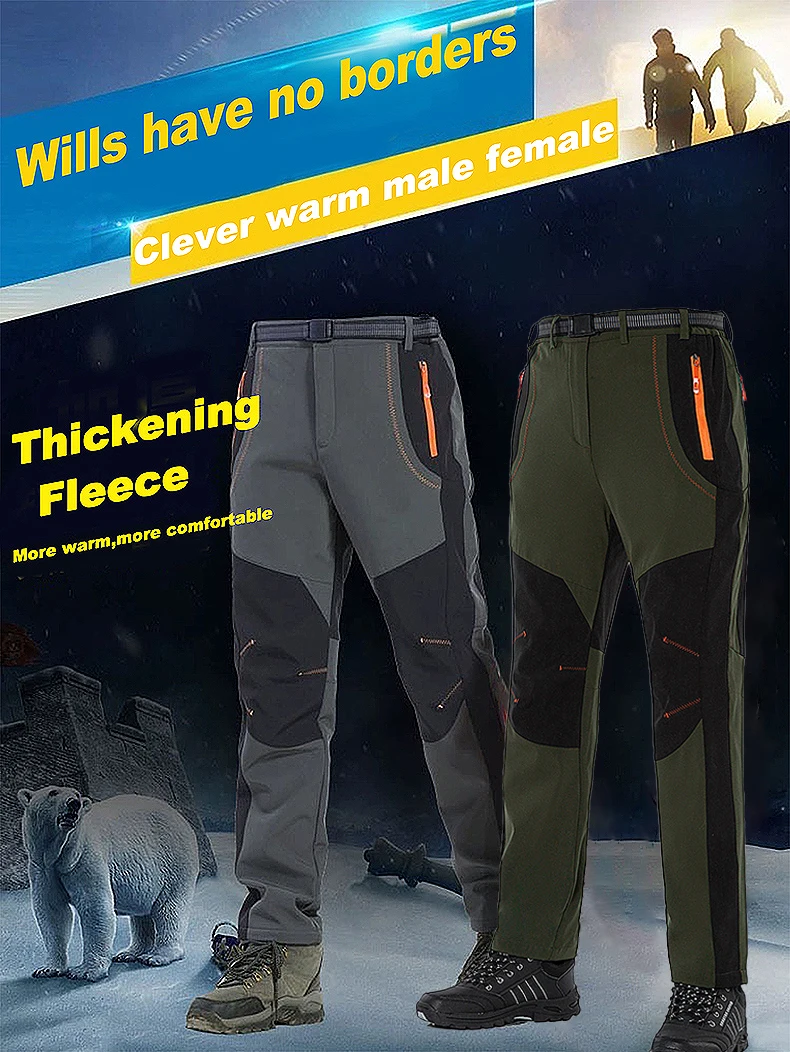 JNLN Men Winter Fleece Pants Warm Waterproof Hiking Pants Outdoor Camping Climbing Skiing Soft Shell Windproof Rain Trousers