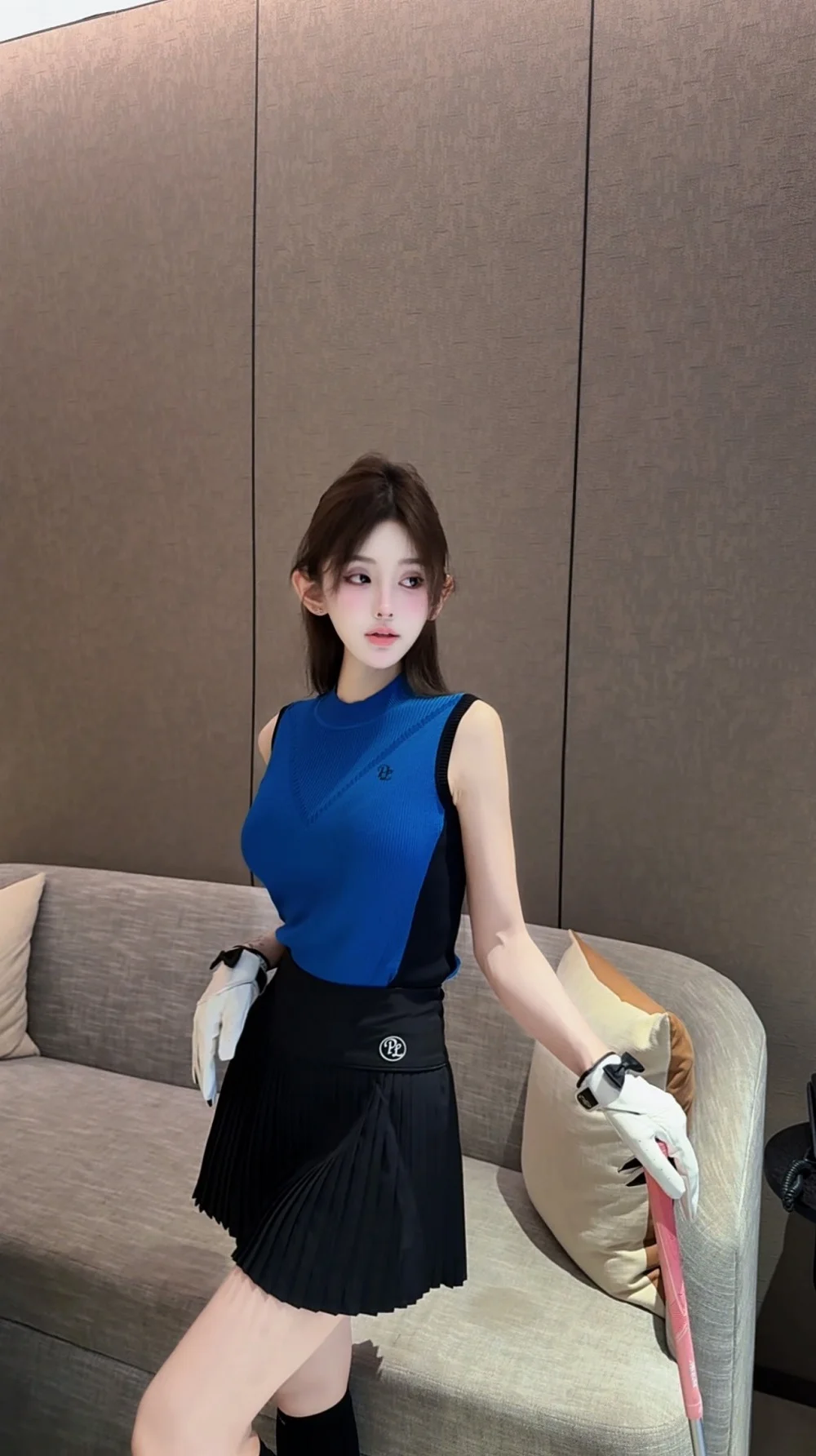 PL Korean Golf Clothing Women Sleeveless Knitted Shirt Slim Golf Tank Tops Ladies High Waist Tennis Skirts Pleated Leisure Skort