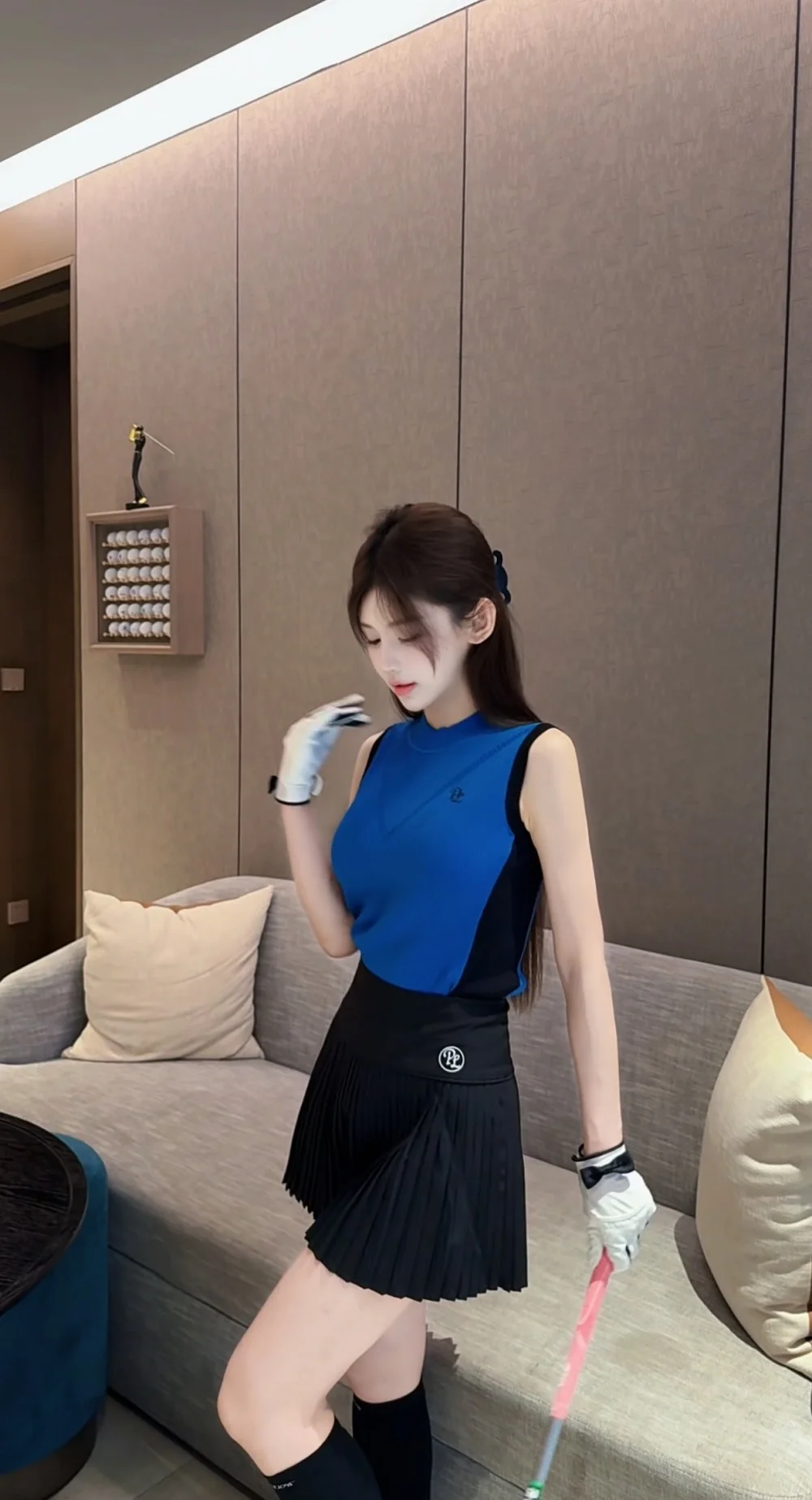 PL Korean Golf Clothing Women Sleeveless Knitted Shirt Slim Golf Tank Tops Ladies High Waist Tennis Skirts Pleated Leisure Skort