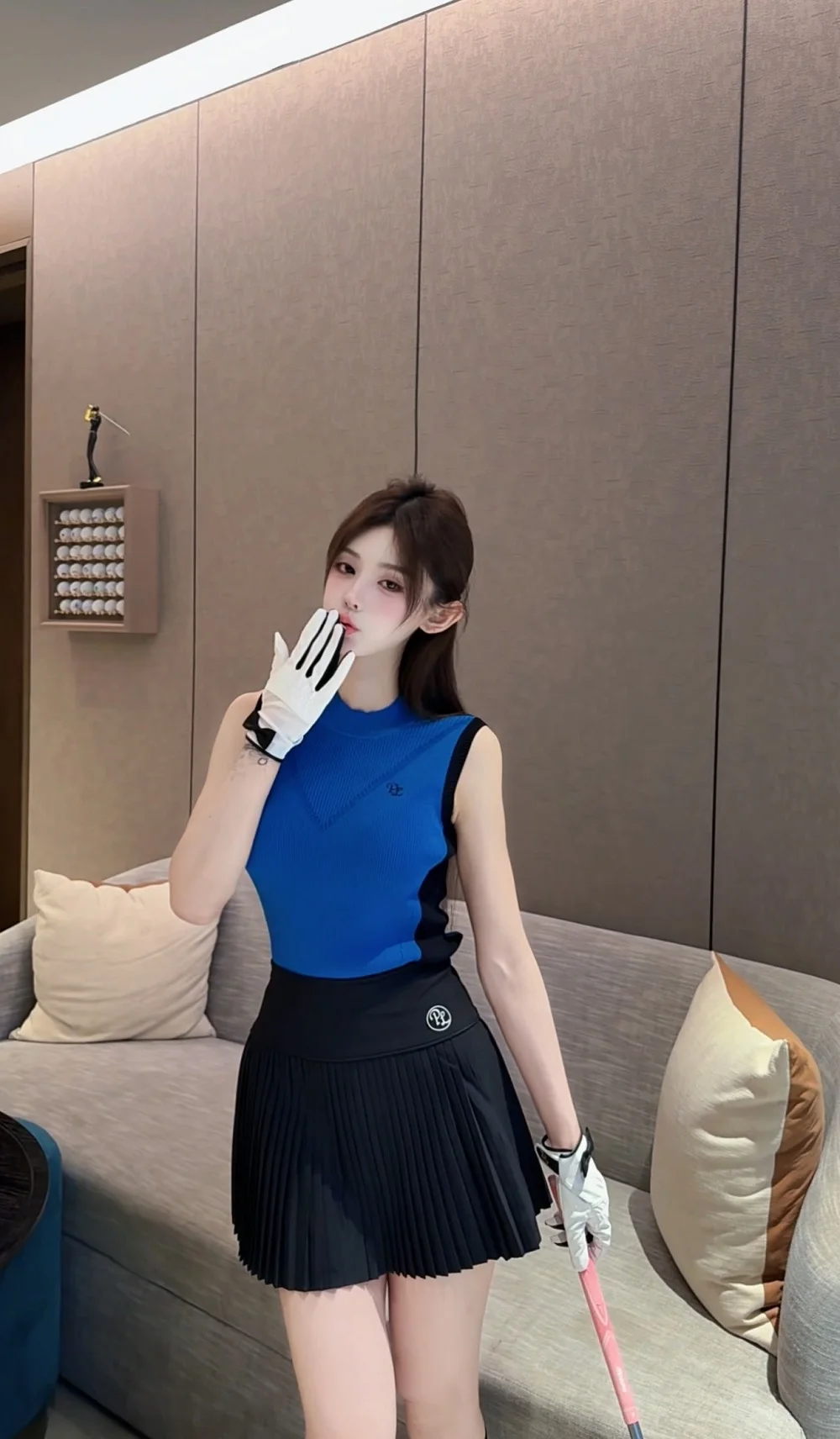 PL Korean Golf Clothing Women Sleeveless Knitted Shirt Slim Golf Tank Tops Ladies High Waist Tennis Skirts Pleated Leisure Skort