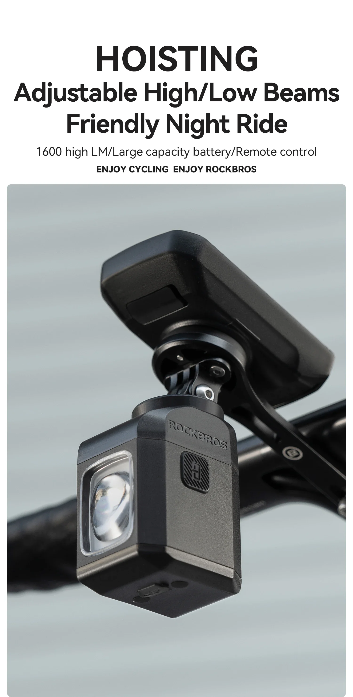 ROCKBROS 1600LM Bike Light Remote Control Digital DisplayCycling Lantern Headlamp PX6 All-weather Smart Bicycle Lights