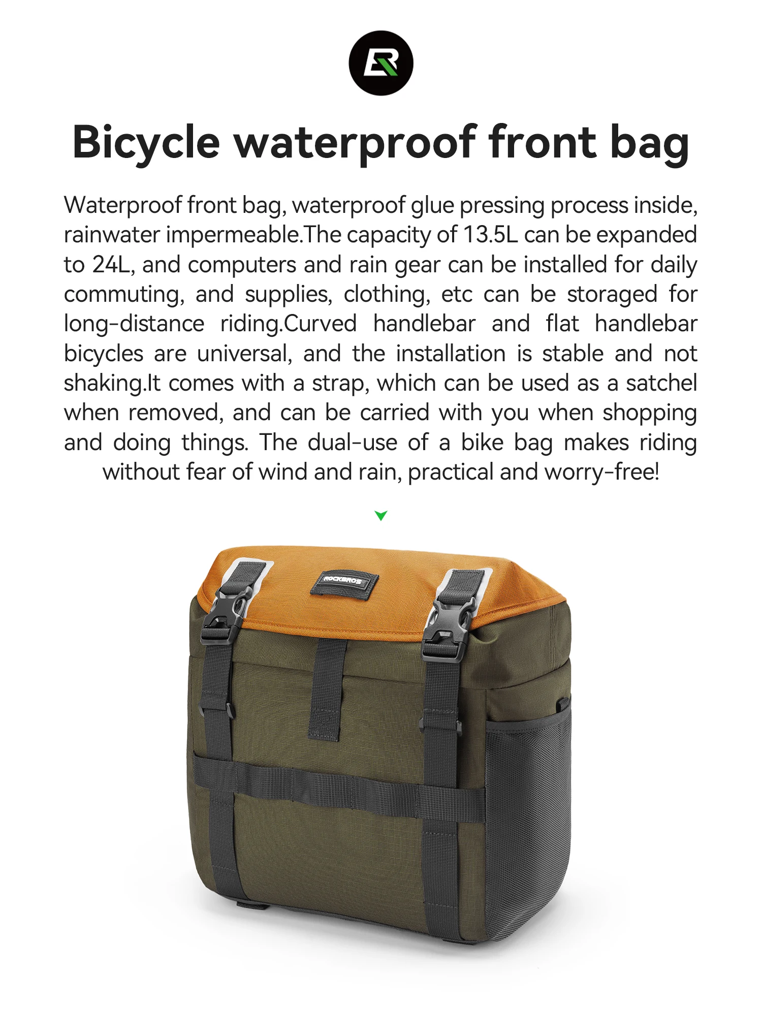 ROCKBROS Front Bike Bag Portable Waterproof Shoulder Bag Versatile for Multiple Scenarios 24L Expandable Handlebar Bag