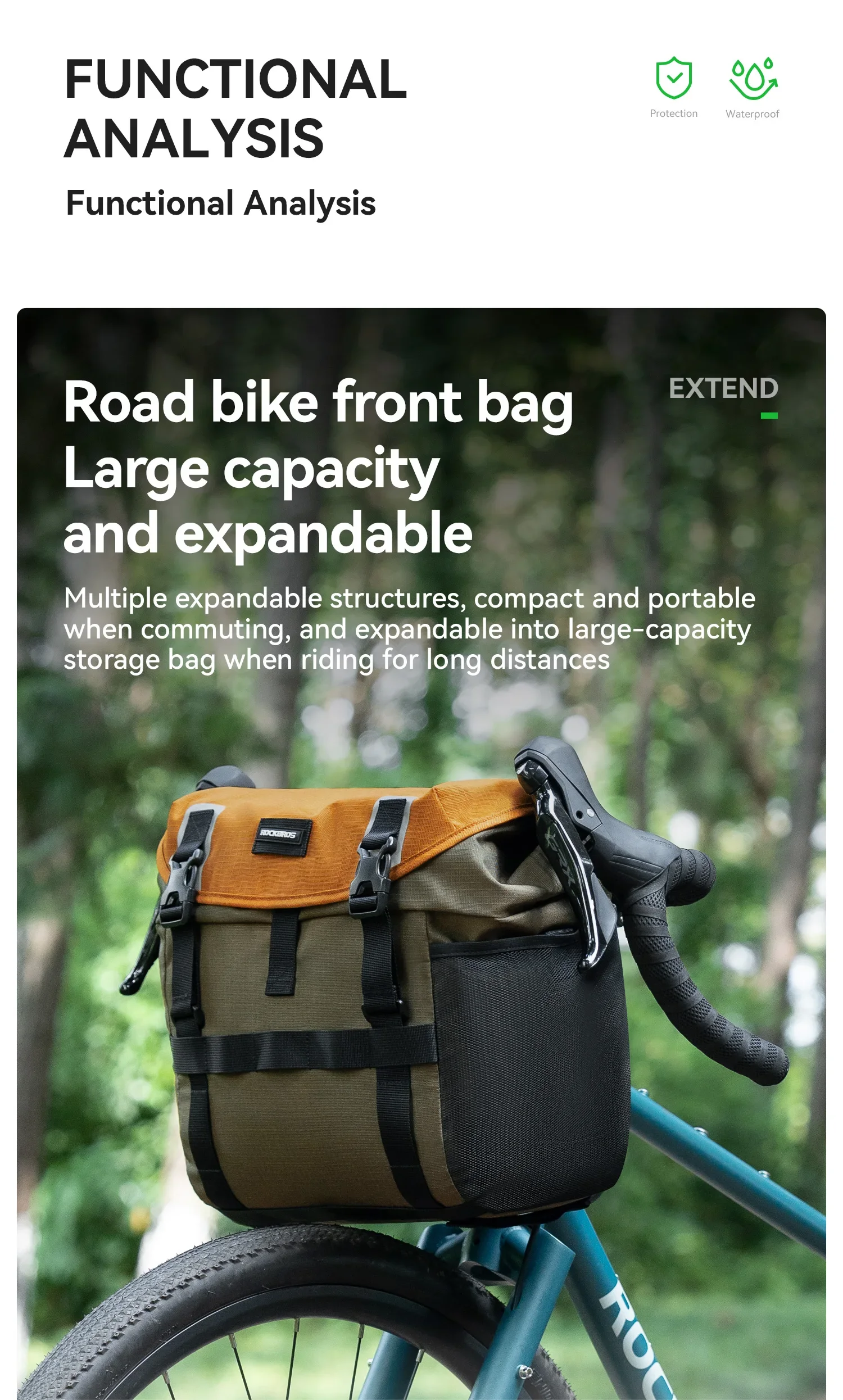ROCKBROS Front Bike Bag Portable Waterproof Shoulder Bag Versatile for Multiple Scenarios 24L Expandable Handlebar Bag