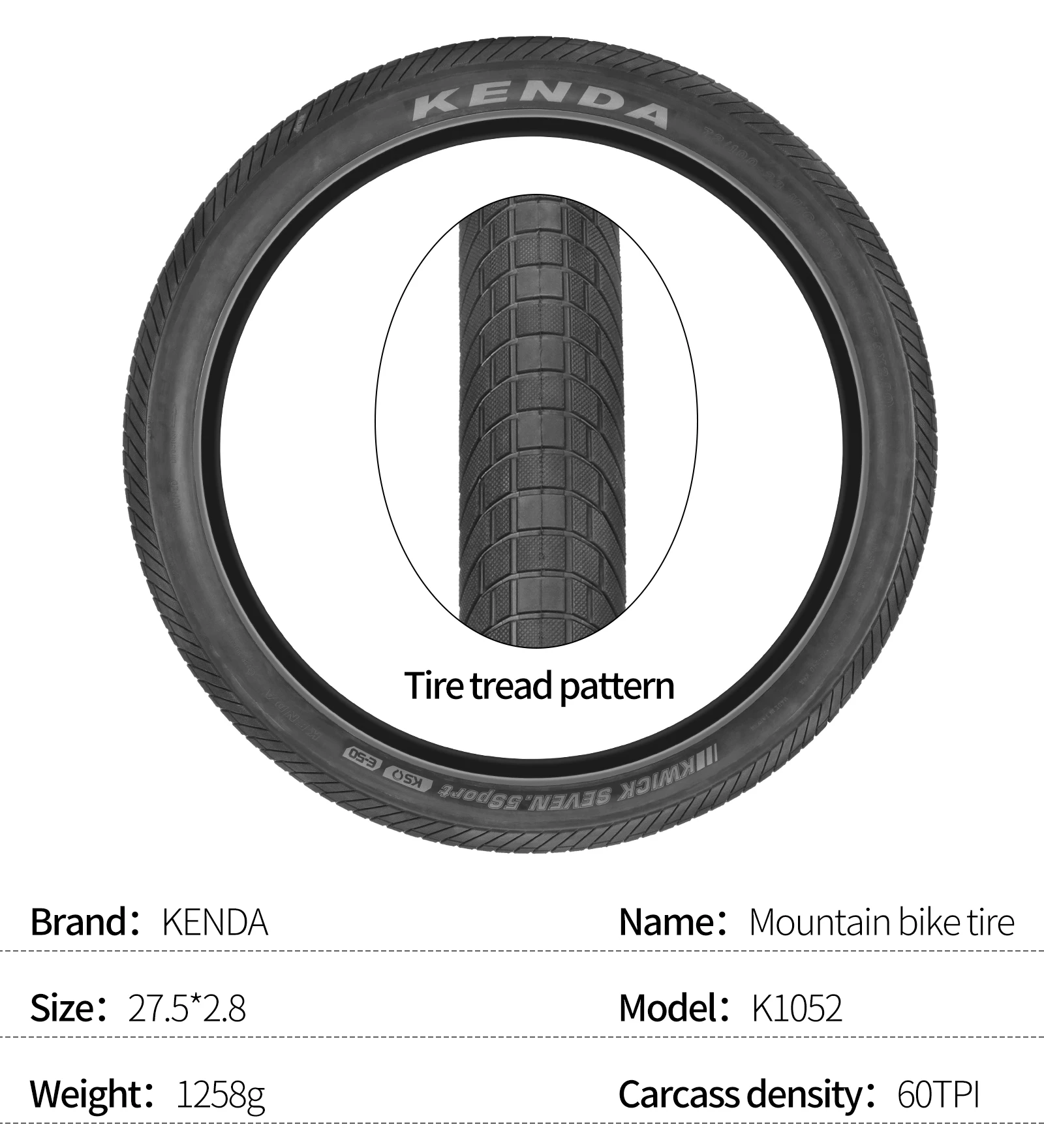 Kenda 27.5 Inch Mountain Bike Tire Durable Rubber 60TPI 27.5in * 2.4/2.8 Trials MTB Road Bike Racing Outer Tire Winter Cycling