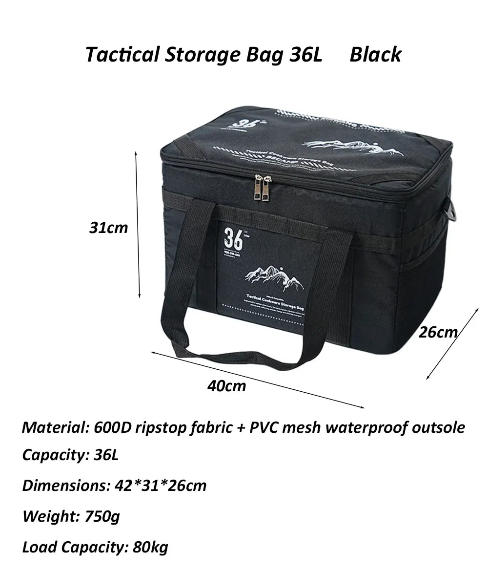 36L Tactics Picnic Bag Waterproof Travel Organizer Thermal Pack with Tabletop Portable Camping Equipment Cookware Storage Box