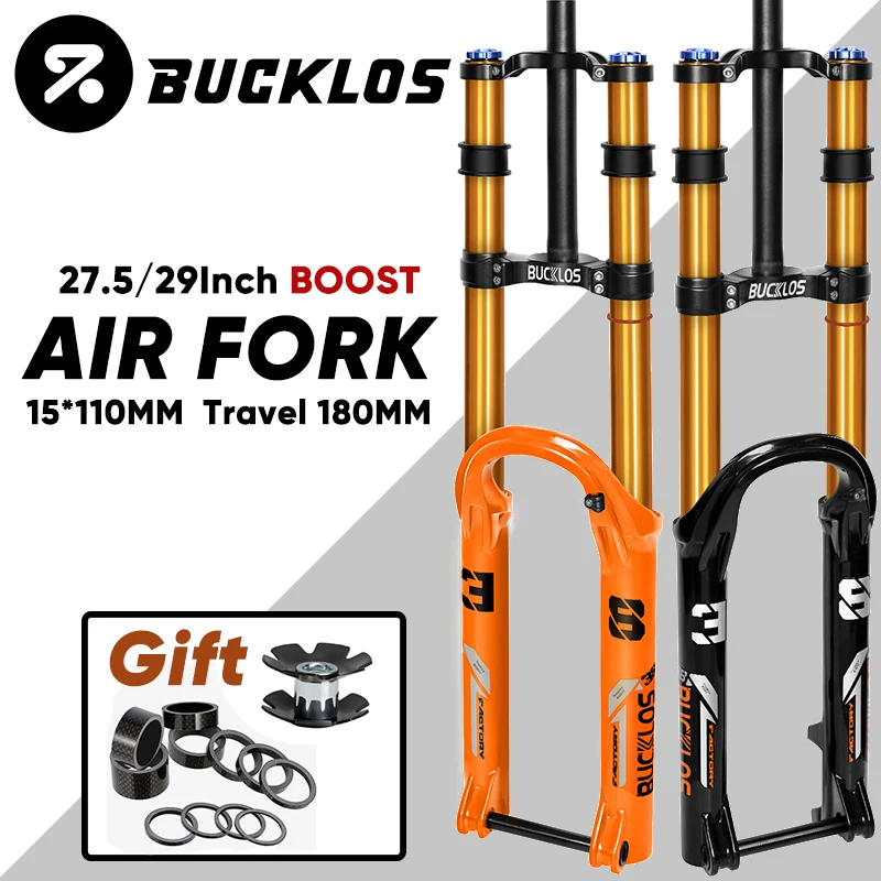 BUCKLOS 15*110mm Boost Bike Suspension Fork Travel 180mm Dual Crown MTB Air Fork 27.5inch 29inch Bicycle Air Suspension Fork