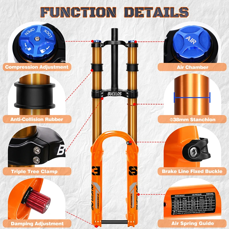 BUCKLOS 15*110mm Boost Bike Suspension Fork Travel 180mm Dual Crown MTB Air Fork 27.5inch 29inch Bicycle Air Suspension Fork