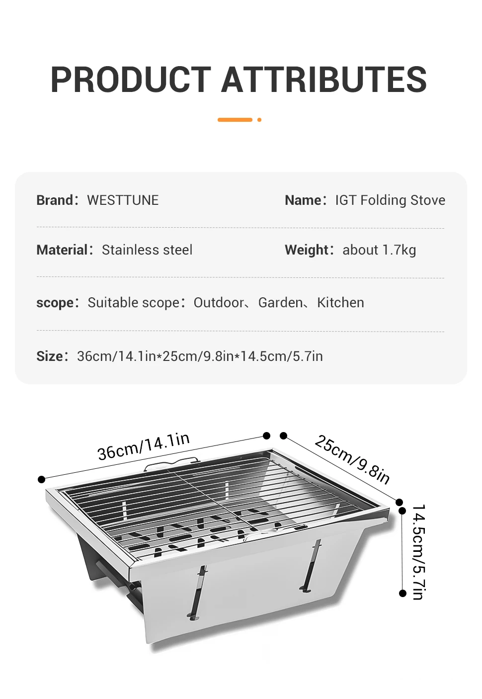 WESTTUNE IGT Barbecue Grill Folding Charcoal Firewood Stove Heater Portable Camping Picnic Cookware Stainless Steel BBQ Rack