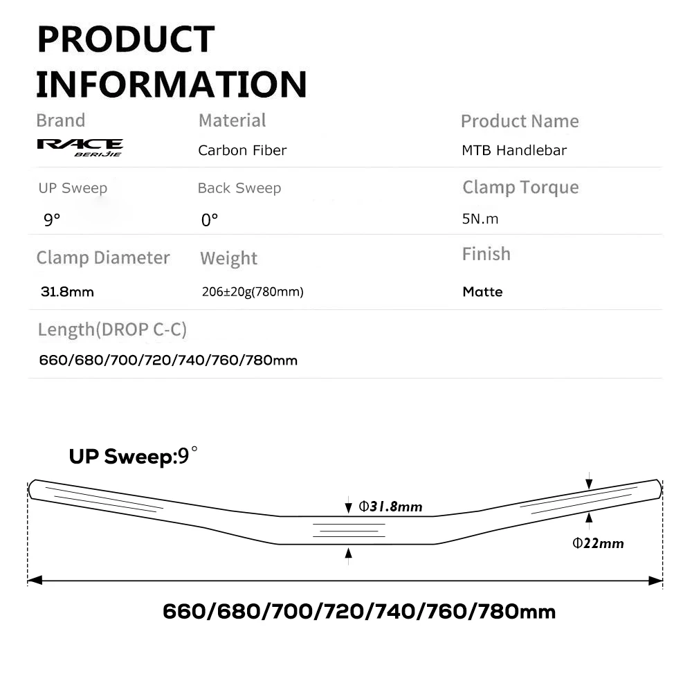 RACE Full Carbon Mtb Handlebar 9 Degree,660-780mm,Black Matt,XC/Cross Handlebars For Mountain Bike,Clamp Diameter 31.8mm