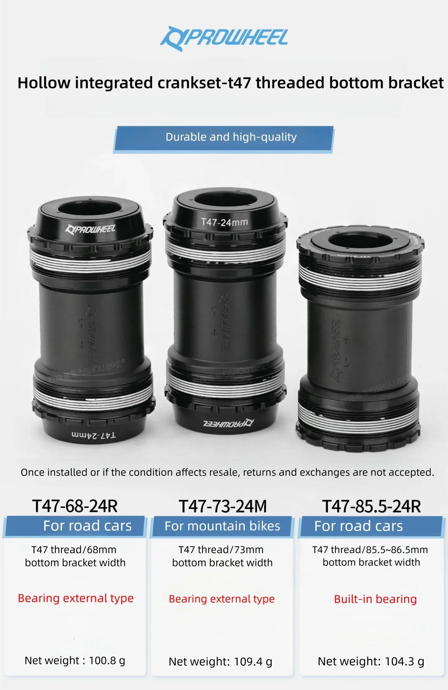 PROWHEEL T47 68/73/85.5mm MTB/Road Bike Bottom Bracket Bike Crank 24mm External/Internal Bearing 7075 Al CNC for Shimano/SRAM