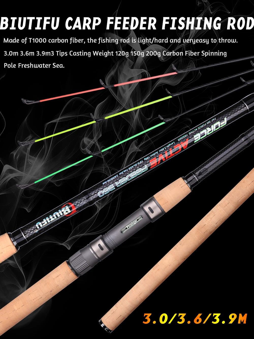 BIUTIFU Carp Feeder Fishing Rods 3.0m 3.6m 3.9m 3Tips Casting Weight 120g 150g 200g Carbon Fiber Spinning Pole Freshwater Sea