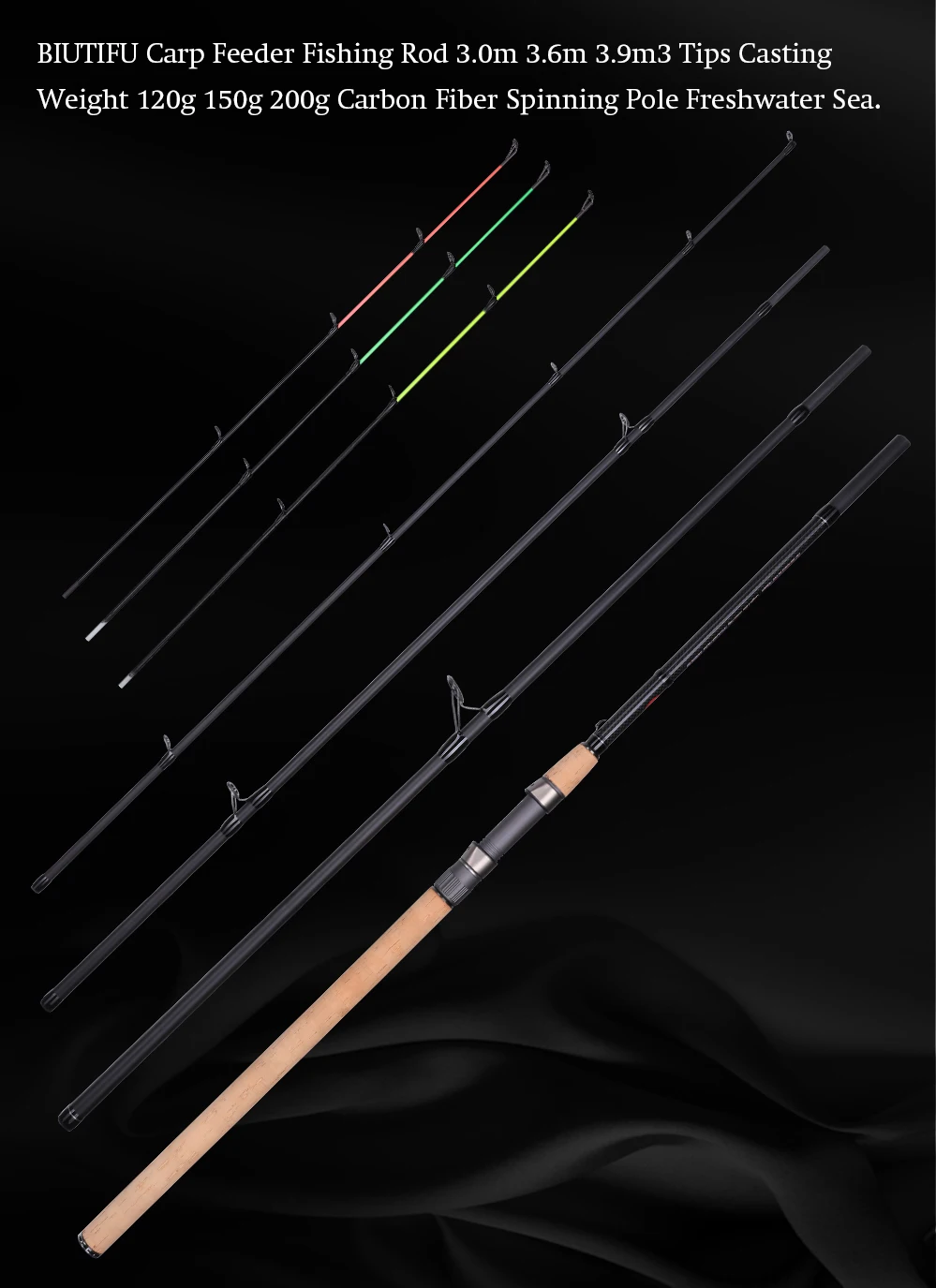 BIUTIFU Carp Feeder Fishing Rods 3.0m 3.6m 3.9m 3Tips Casting Weight 120g 150g 200g Carbon Fiber Spinning Pole Freshwater Sea
