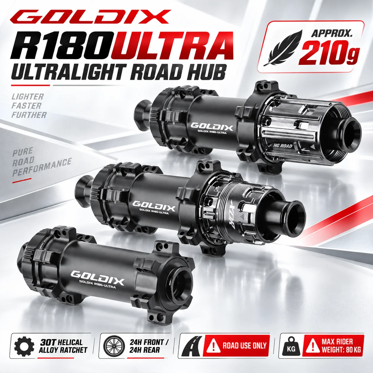 GOLDIX R180ULTRA Ultralight Road Bike Hub 210g 24H 30T Ratchet TPI Bearings Center Lock Disc Brake HG XDR Freehub Thru Axle Hubs