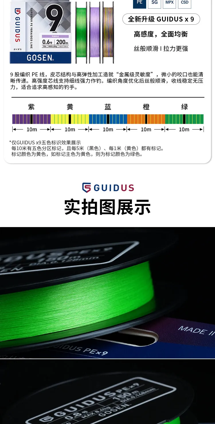 2026 Original GOSEN GUIDUS X9 PE Fishing Line 150m/200m/300m #0.5-#3.0 13LB/15LB/19LB/24LB/33LB/46LB/64LB Japan Fishing Line
