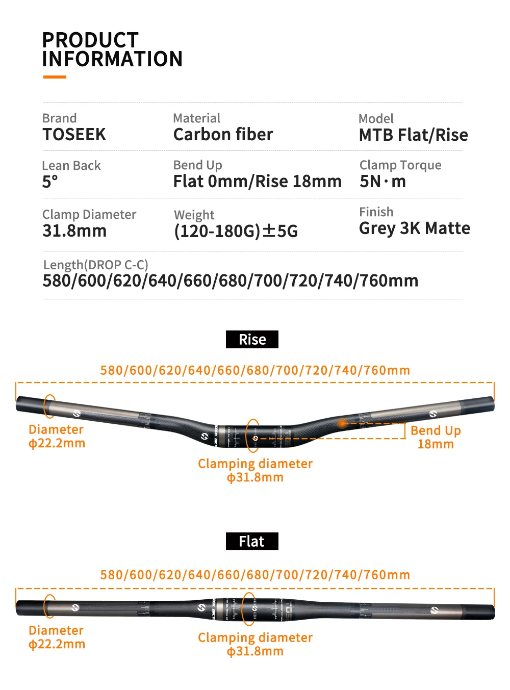 TOSEEK Bicycle Handlebar MTB Bike Handle Bar Carbon Fibre Handlebars 31.8mm Width 580/600/620/640/660/700/720/740/760mm