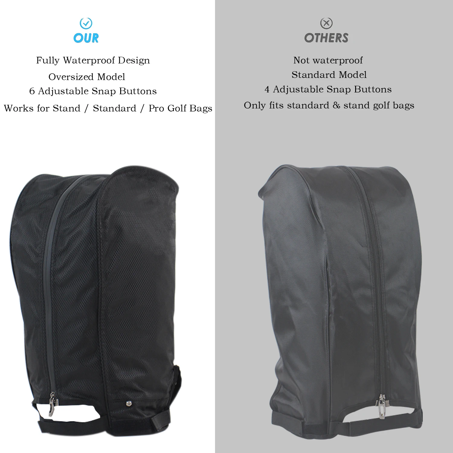 Universal Oversized Waterproof Golf Bag Hood Cover with 6 Adjustable Snaps, Fits 8.5"-9.5" Golf Bags