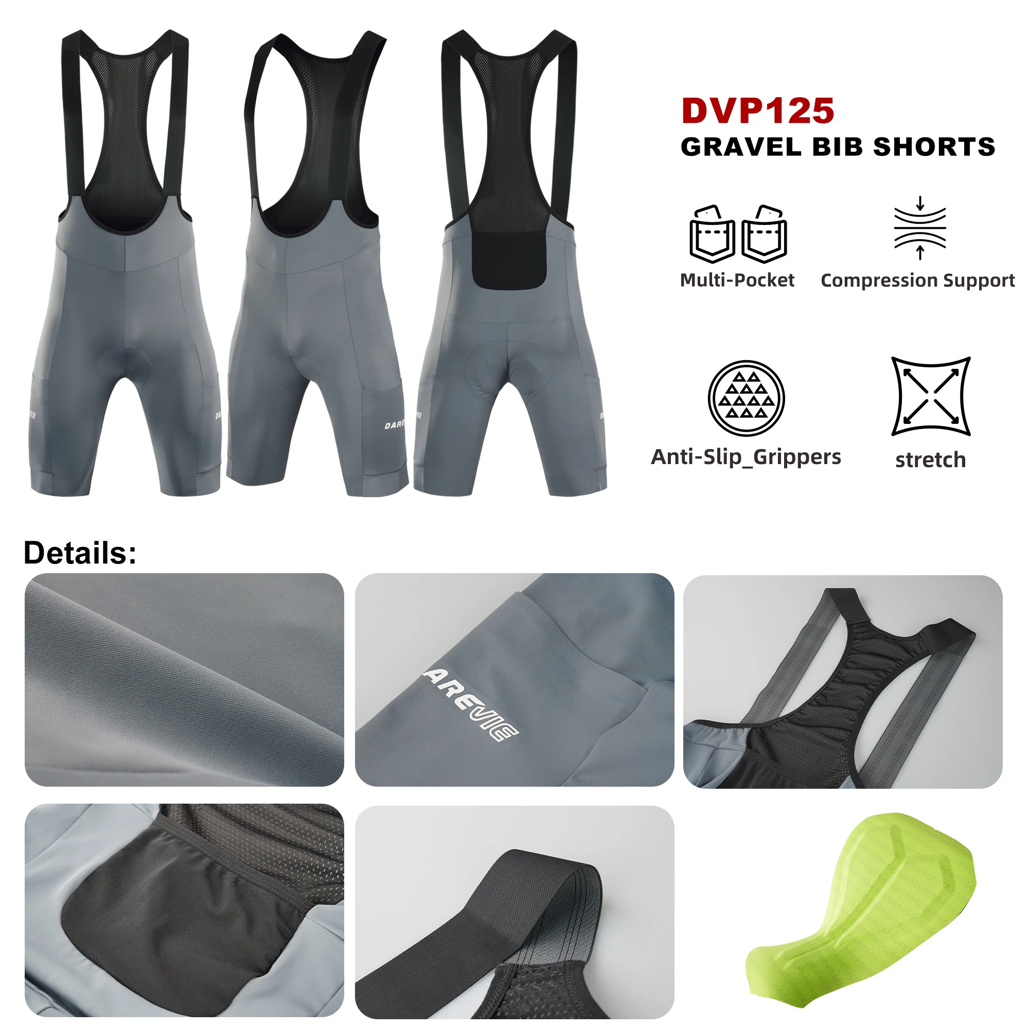 DAREVIE Men Cycling Shorts 3 Pockets Anti Slip 4-Way Stretch Sponge Pad Men's Shorts Quick Dry Soft Gravel Women's Shorts