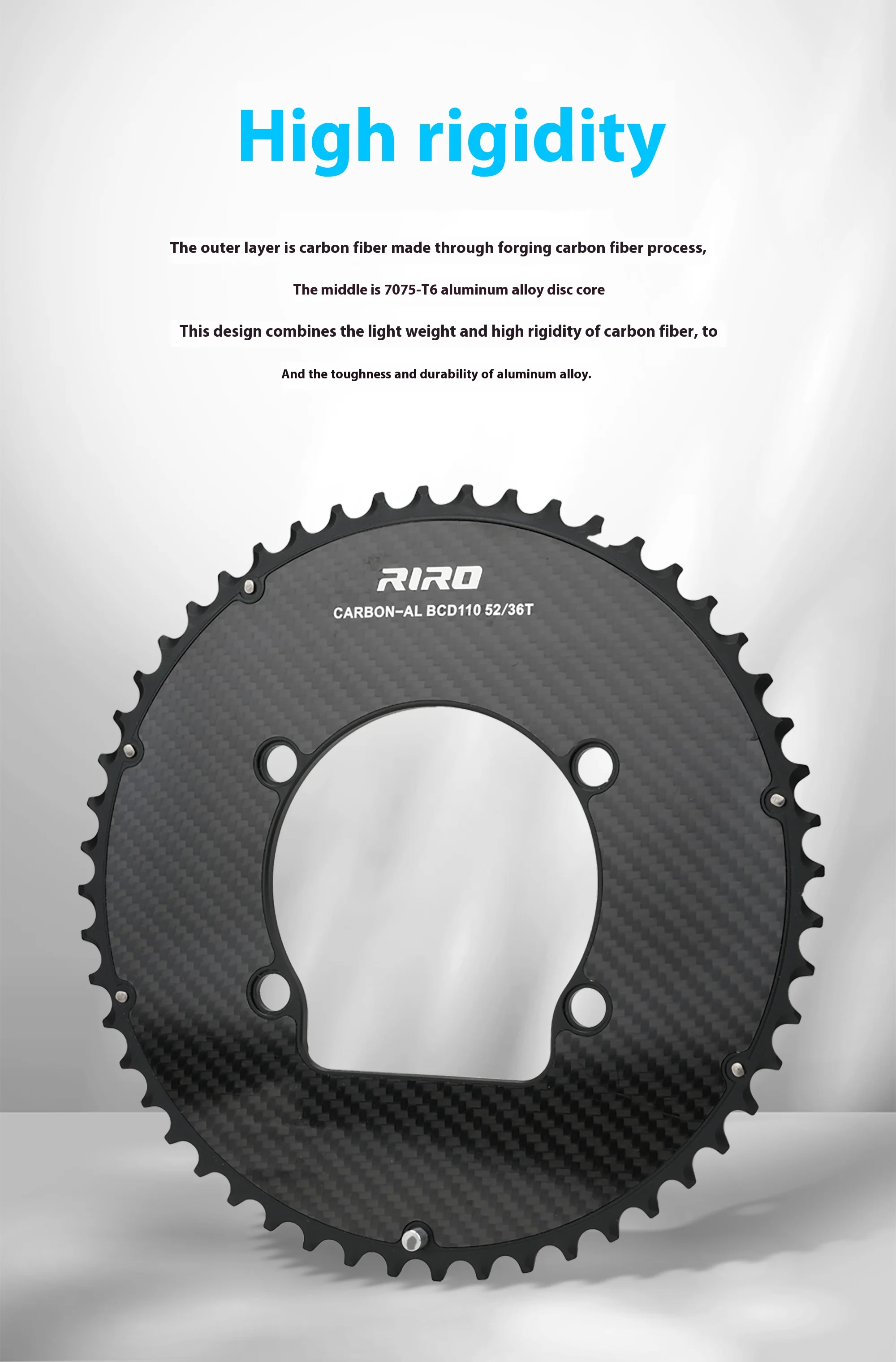 RIRO Carbon Fiber Chainrings 10-12S Super Light Road Bike Chainwheel 50-34/52-36/53-39/54-40T for Shimano 4-Bolts 110BCD Crank