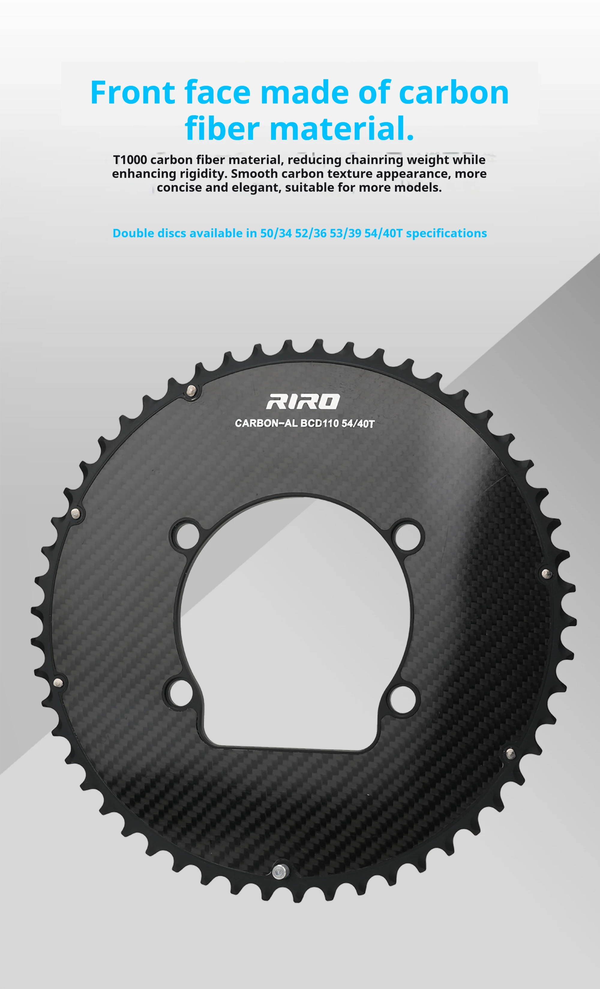 RIRO Carbon Fiber Chainrings 10-12S Super Light Road Bike Chainwheel 50-34/52-36/53-39/54-40T for Shimano 4-Bolts 110BCD Crank