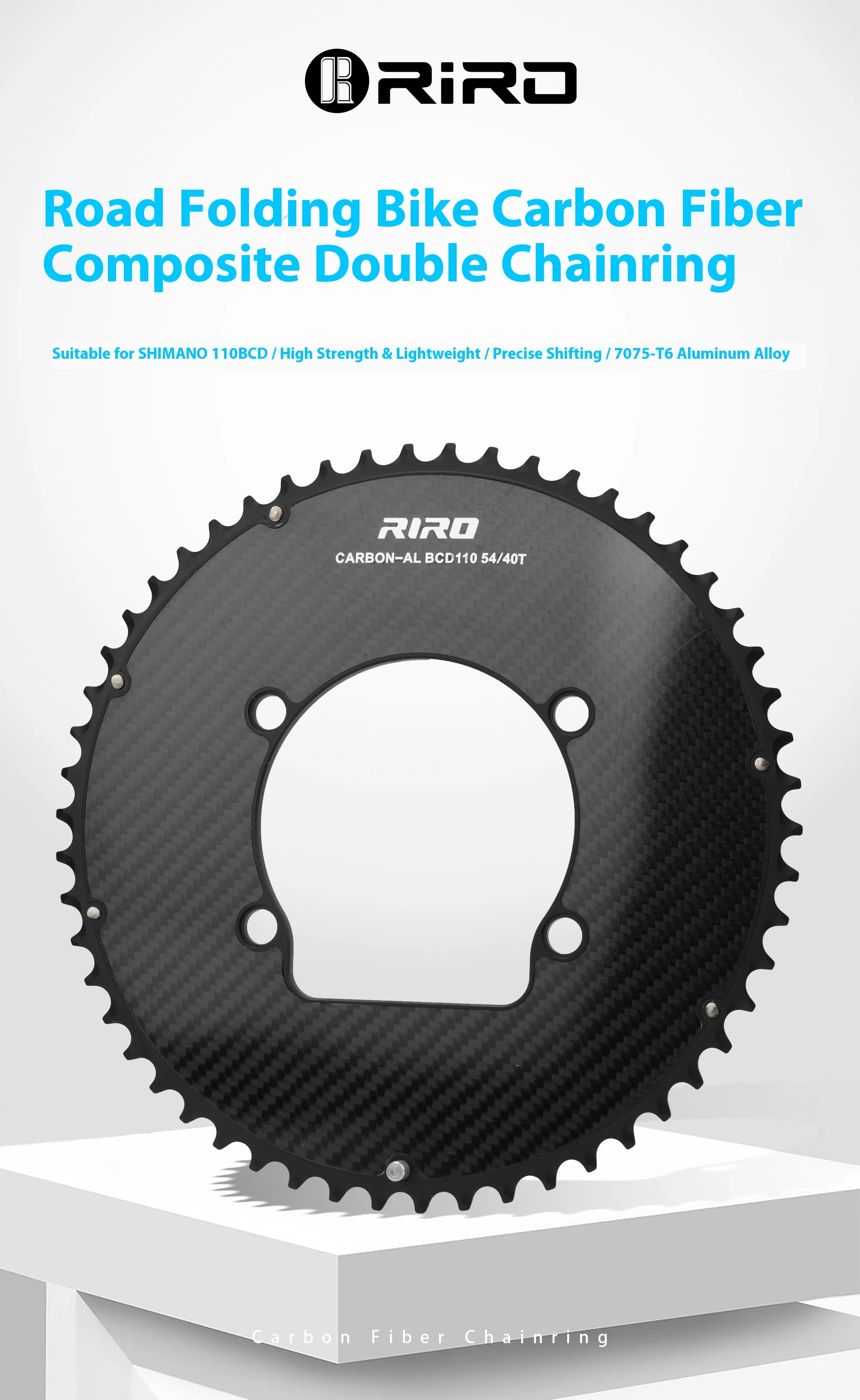 RIRO Carbon Fiber Chainrings 10-12S Super Light Road Bike Chainwheel 50-34/52-36/53-39/54-40T for Shimano 4-Bolts 110BCD Crank