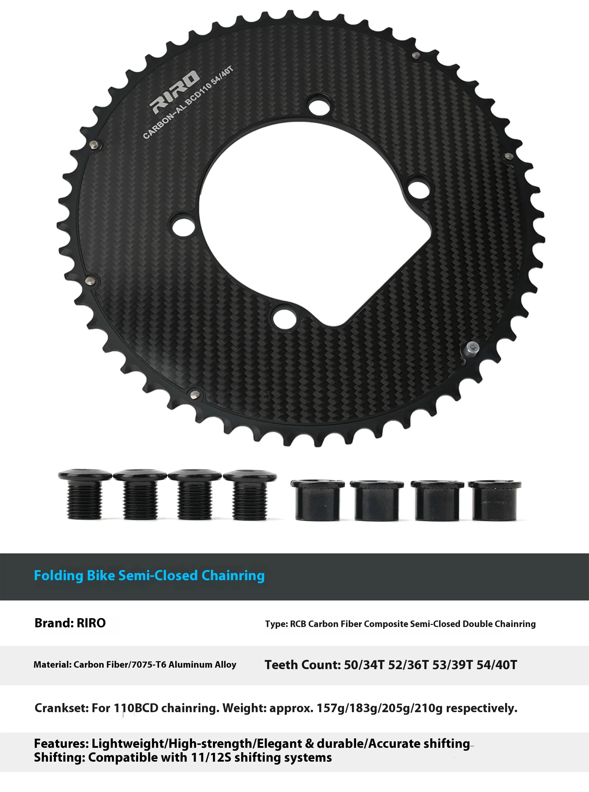 RIRO Carbon Fiber Chainrings 10-12S Super Light Road Bike Chainwheel 50-34/52-36/53-39/54-40T for Shimano 4-Bolts 110BCD Crank