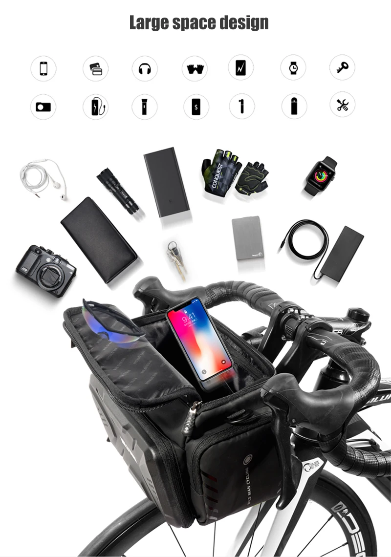 WILD MAN BBG071 Bike Handlebar Phone Bag EVA Hard Shell Touch Screen Rainproof Quick Release Front Storage Pouch Shoulder Strap