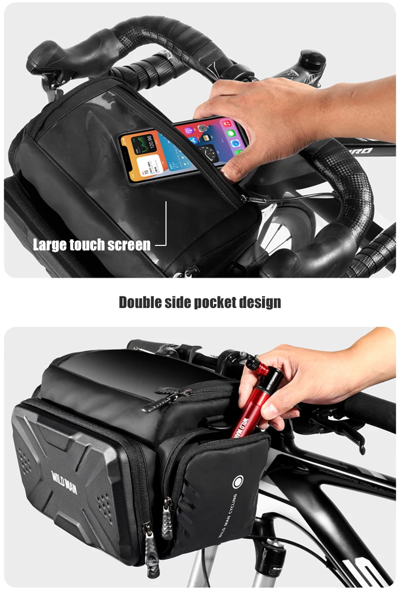 WILD MAN BBG071 Bike Handlebar Phone Bag EVA Hard Shell Touch Screen Rainproof Quick Release Front Storage Pouch Shoulder Strap