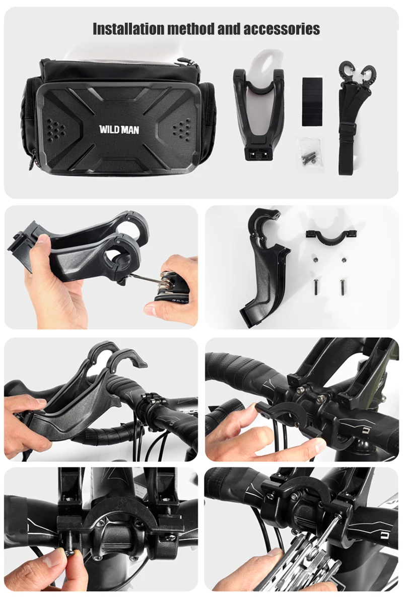 WILD MAN BBG071 Bike Handlebar Phone Bag EVA Hard Shell Touch Screen Rainproof Quick Release Front Storage Pouch Shoulder Strap