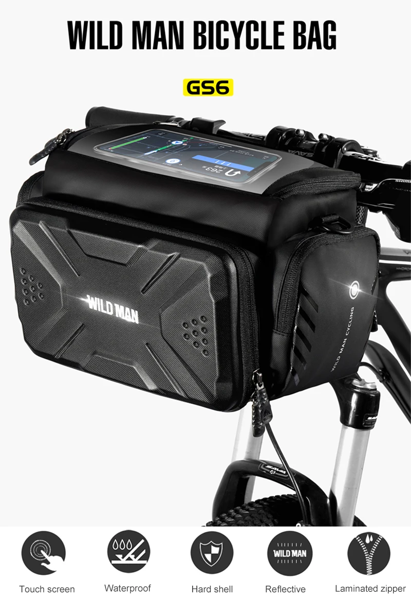 WILD MAN BBG071 Bike Handlebar Phone Bag EVA Hard Shell Touch Screen Rainproof Quick Release Front Storage Pouch Shoulder Strap