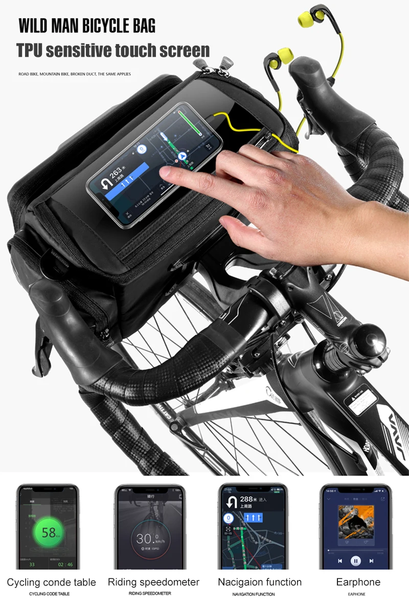 WILD MAN BBG071 Bike Handlebar Phone Bag EVA Hard Shell Touch Screen Rainproof Quick Release Front Storage Pouch Shoulder Strap