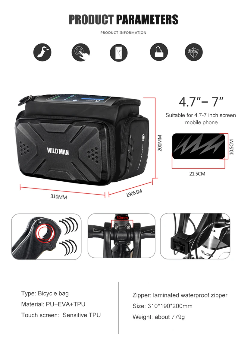 WILD MAN BBG071 Bike Handlebar Phone Bag EVA Hard Shell Touch Screen Rainproof Quick Release Front Storage Pouch Shoulder Strap