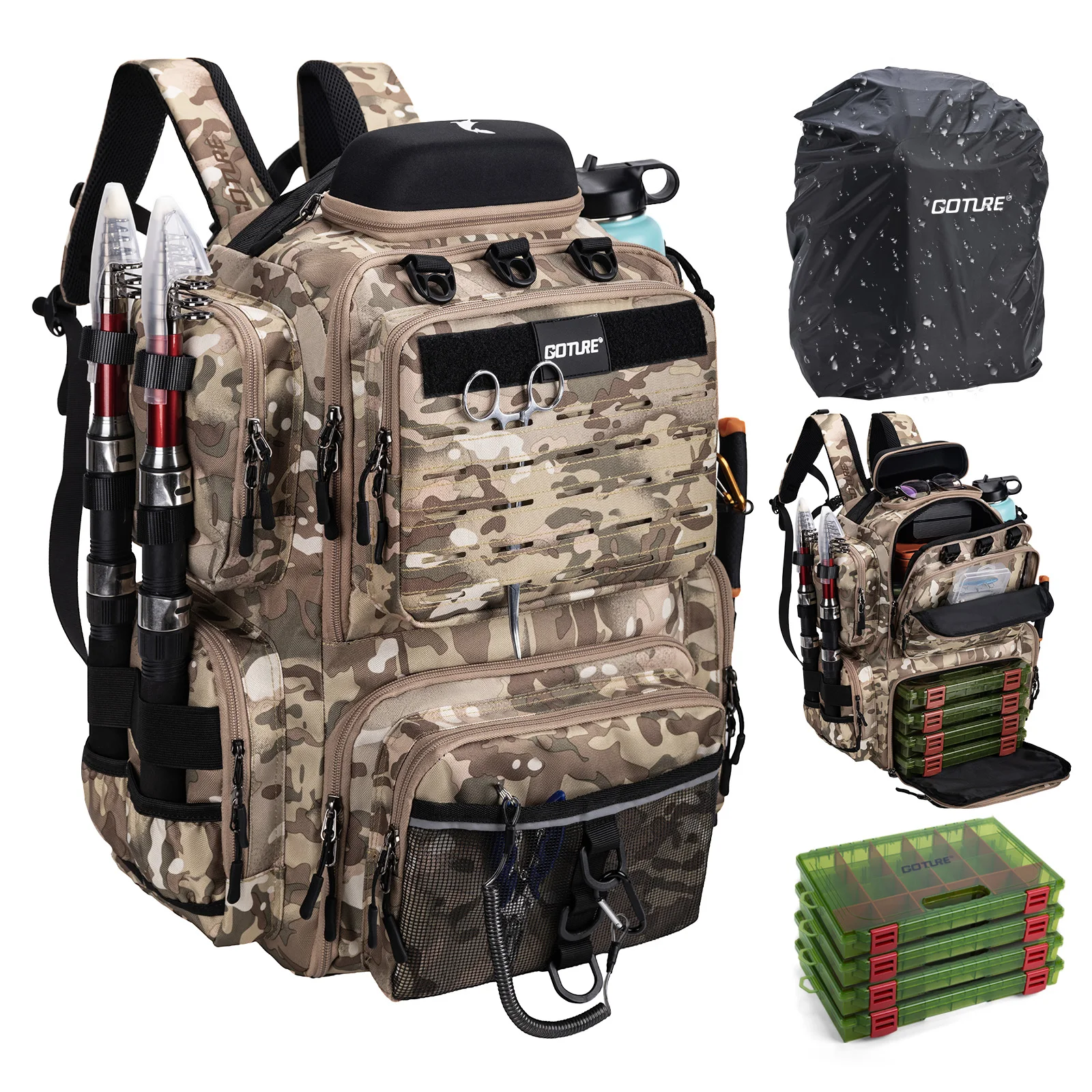 Goture 45L Large Capacity Fishing Backpack,Waterproof Tackle Bag with 4 Tackle Boxes,Rod Holder Storge Fishing Gear Gift for Men