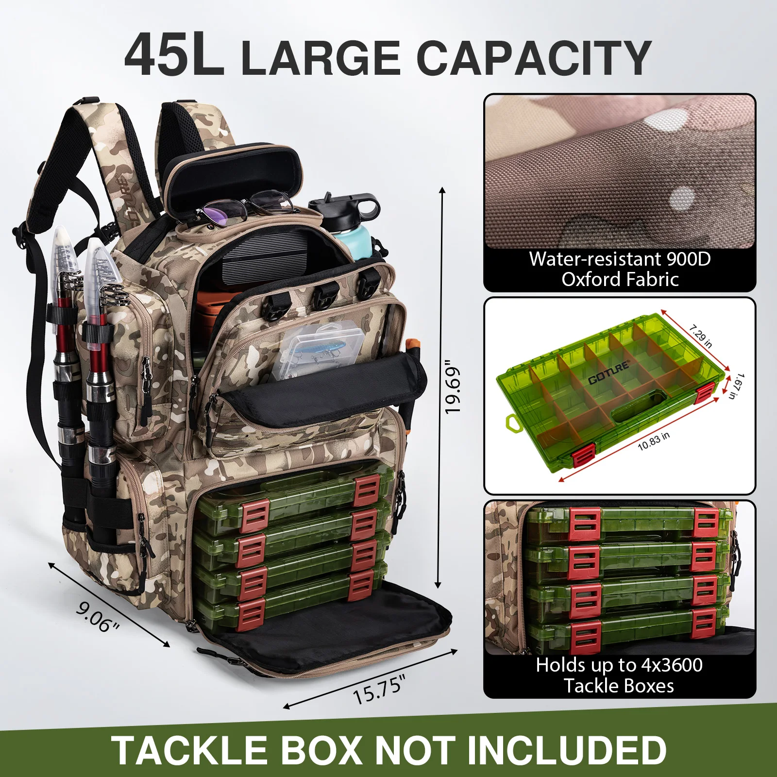 Goture 45L Large Capacity Fishing Backpack,Waterproof Tackle Bag with 4 Tackle Boxes,Rod Holder Storge Fishing Gear Gift for Men