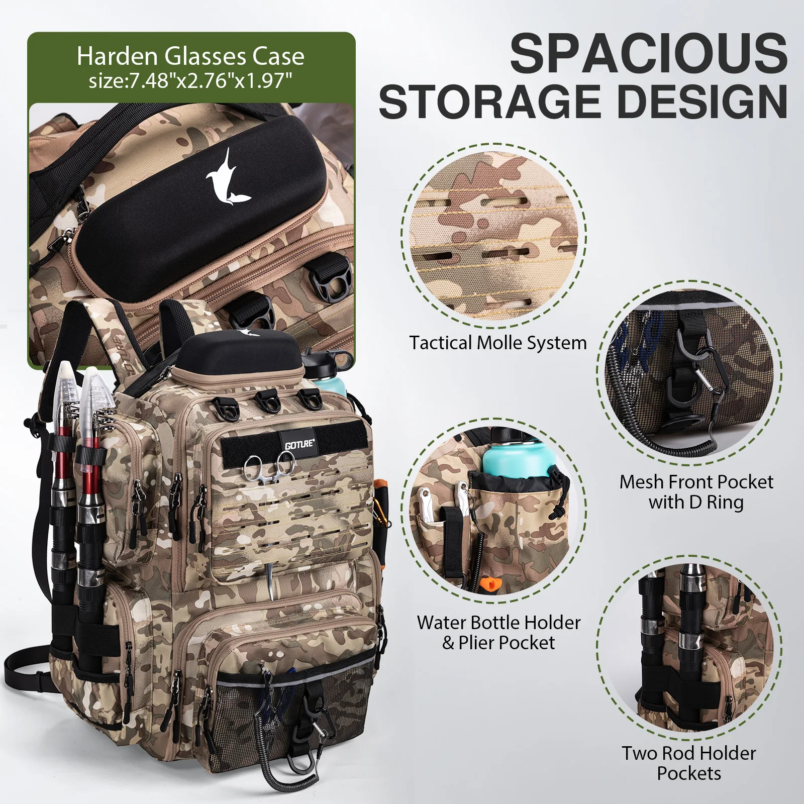 Goture 45L Large Capacity Fishing Backpack,Waterproof Tackle Bag with 4 Tackle Boxes,Rod Holder Storge Fishing Gear Gift for Men