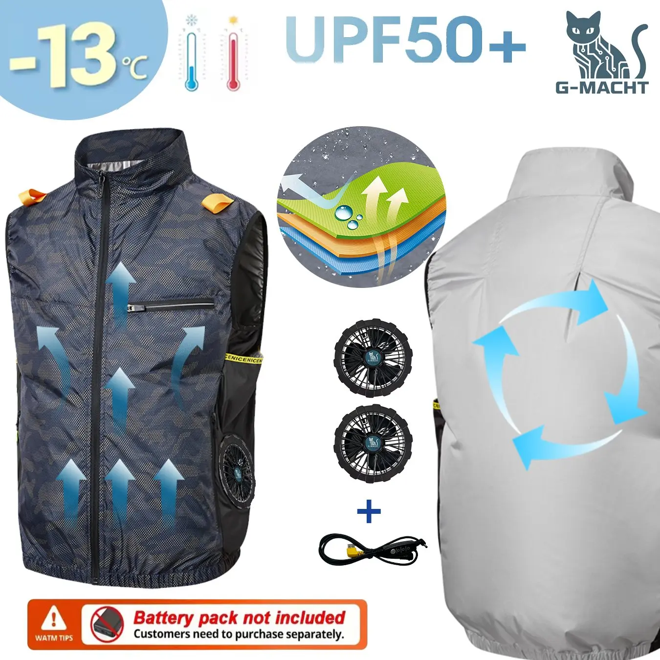 Cooling Fan Air Condition Clothing, Lightweight Sun Protection Windbreaker Vest, Outdoor Sports Fishing Work Jacket for Men Wome